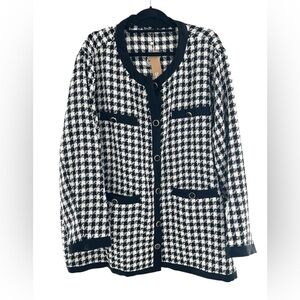 Bloomchic Black & White 90’s Houndstooth Plaid Knot Cardigan Blazer Jacket